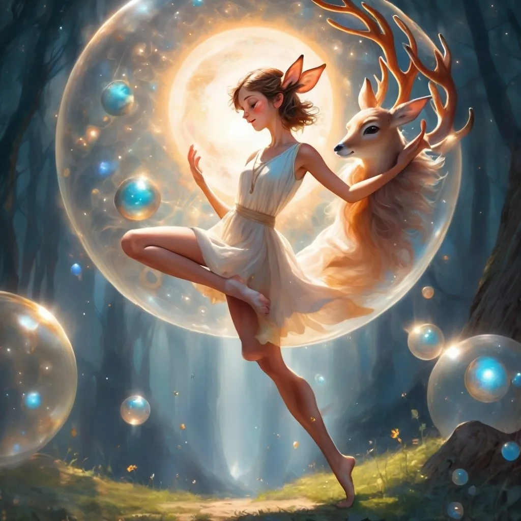 Prompt: The fawn-eyed girl with sun-browned legs

Dances on the edge of his dream

And her voice rings in his ears

Like the music of the spheres
