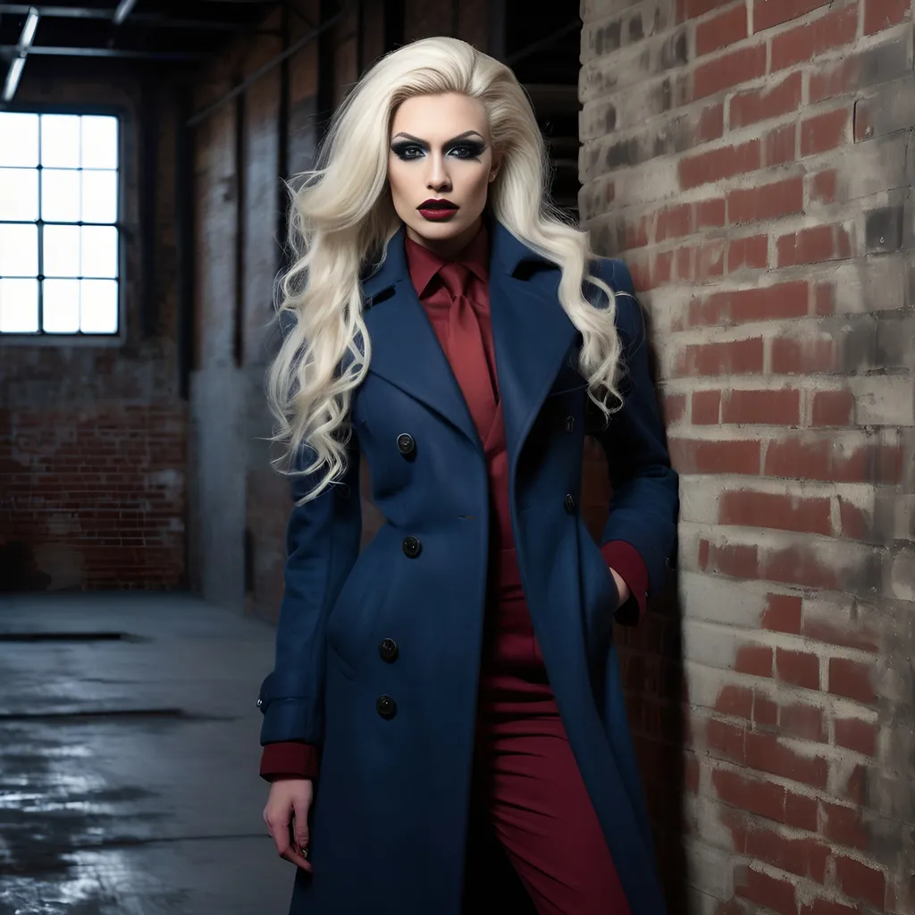 Prompt: Dramatic editorial fashion photograph in an industrial loft space, gorgeous muscular 25-year-old Czechian drag queen model (strong masculine jawline and brow features) with long luscious platinum blonde hair, dark eyeshadow, bearing  dark red lipstick, wearing a tailored Prussian blue wool coat with technical details, standing against a weathered brick wall painted battleship grey. Floor-to-ceiling windows, streaming natural light, contemporary furniture pieces in slate grey and black. Cinematic color grading, high fashion photography style, medium format camera aesthetic, inspired by Steven Meisel's work. 8K quality, photorealistic detail."