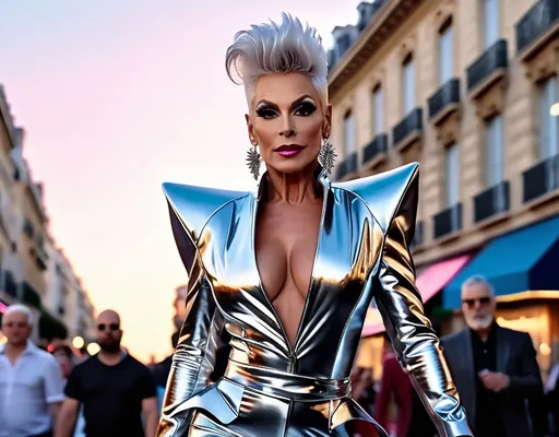 Prompt: A high definition hyper-detail live action digital photograph of A gorgeous ultra-muscular 55-year-old French genderfluid drag queen with short spiky swept over silver hair wearing an amazing ensemble of both men attire and women's attire, and 8 inch stiletto high heel shoes.  Walking down the street at sundown.