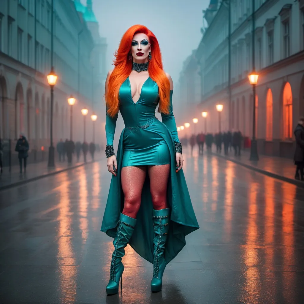 Prompt: Mysterious, Tall, gorgeous, muscular, 35-year-old Polish drag queen with long bright orange stylish hair, dark eyeshadow,  and dark red lipstick, wearing a beautiful teal outfit and 8 inch stiletto red thigh-high stiletto high heel boots, walking the streets of Warsaw on a foggy evening.