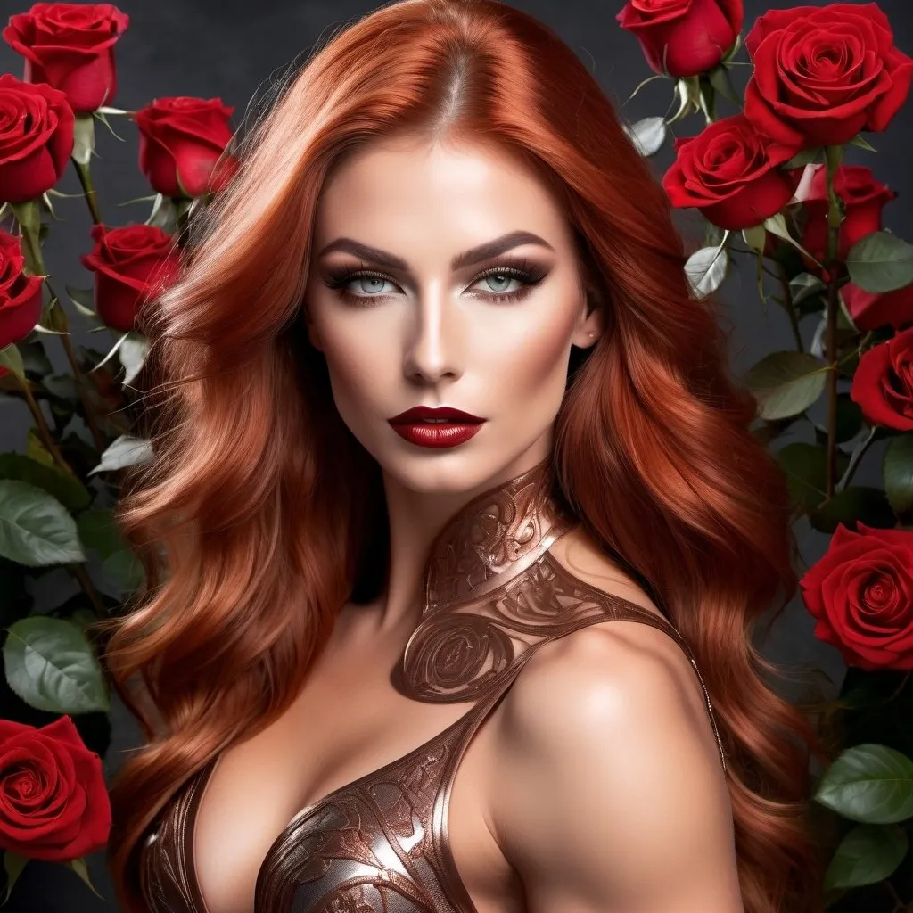 Prompt: Full body portrait of a caucasian gorgeous ethereal ultra-muscular Czechian 25-year-old goddess bodybuilder,  The color scheme of the image is dominated by bronze and iron hues. Her ridiculously long, burnt orange hair is elegantly gathered in a sleek bun, adorned with roses for added sophistication. The ethereal and fairy-like makeup enhances her divine beauty, with intricate bronze accents around her eyes, shimmering highlights on her cheeks, and a radiant, bronze lip color.

The goddess wears a short metallic gown that catches the light and reflects golden highlights as she moves. The view from a distance accentuates the goddess's perfect form 