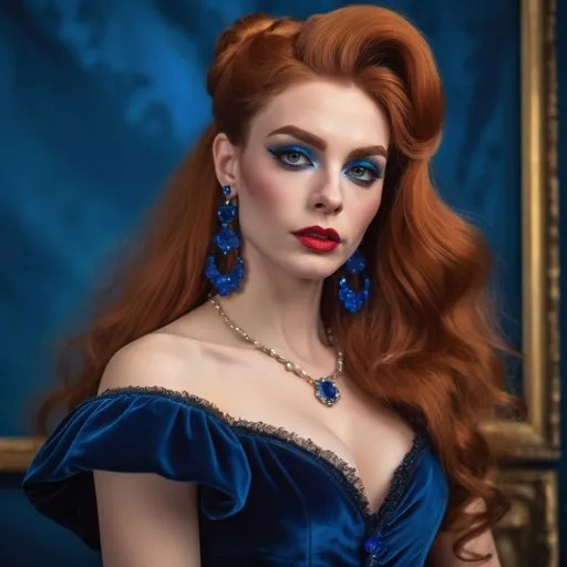 Prompt: a French drag queen (with strong masculine jawline and brow facial features) with long red hair wearing blue velvet dress and earrings, posing for a picture with a blue background, Elina Karimova, rococo, elegance,  photorealistic