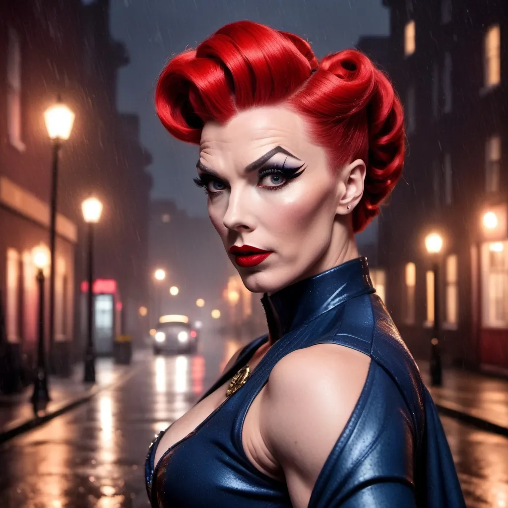 Prompt: Dr. Strange dressed as A hyper realistic flawless 25-year-old gorgeous Northern European drag queen bodybuilder with red updo hair walking the streets as a 50s housewife on a dark and rainy night. Heavy eye makeup. Dark red lipstick.