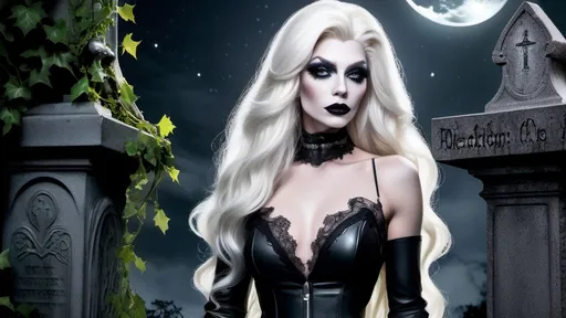 Prompt: In a moonlit cemetery, amidst weathered tombstones draped in ivy, stands a striking figure—a gorgeous ultra-muscular 25-year-old drag queen gothic goddess with platinum blonde hair cascading like liquid mercury against the darkness. Her porcelain skin, seems to glow ethereally under the moon's gentle caress. Adorned in lace and leather, 8 inch stiletto high heel shoes, her attire exudes an aura of mystery and allure.

High quality, highres, perfect, beautiful