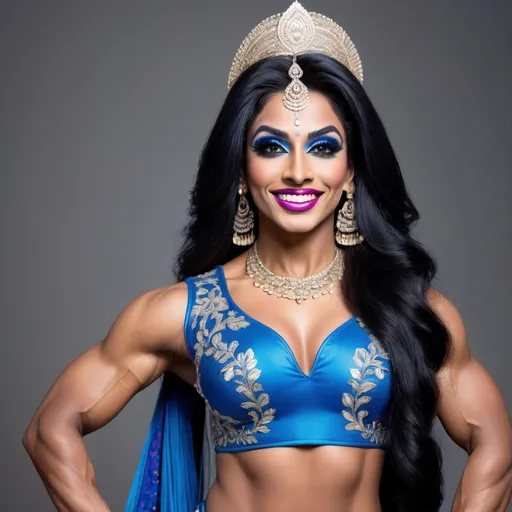 Prompt: A gorgeous muscular 25-year-old Indian British drag queen bodybuilder with large busum and a stunning and confident appearance. She has a radiant smile on her face, exuding charm and positivity. Her attire is a traditional outfit in a vibrant blue color, richly detailed with intricate embroidery and embellishments. Her long, silky black hair cascades down her back, framing her beautiful face. Her large, expressive eyes, adorned with subtle makeup, draw attention with their mesmerizing depth. Her sharp, clear masculine facial features are illuminated in soft, flattering light, showcasing every detail with clarity. Her well-toned, graceful physique resembles that of a goddess, reflecting both strength and elegance. The background is softly blurred to emphasize her presence and create a captivating focus on her beauty and aura