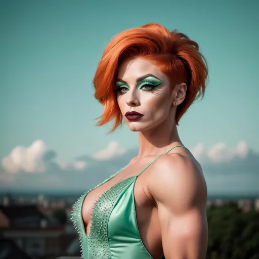 Prompt: Gorgeous ultra-muscular 25-year-old Czechian drag queen bodybuilder with short spiked swept Orange hair wearing a mint green flowy gown, dark eye shadow, heavy mascara, and dark red lipstick, staring at the stars in the sky and feeling content.