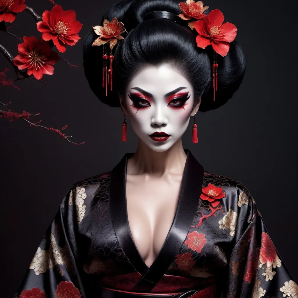 Prompt: (Gorgeous, muscular, goth,  geisha, drag queen bodybuilder), intricate dark makeup, traditional kimono with dark floral patterns, incredible detailing on clothes, perfect make-up, sharp fangs over blood red lips.  contrasting with lace elements, haunting ambiance, shadows reflecting cold moonlight, mysterious surgical precision in fabric details, mystical aura exuding sensuality, lush dark red and black tones, (ultra-detailed), (4K), dark, terrifying yet enchanting and chilling atmosphere in a Japanese grave yard, courtly surroundings filled with ethereal allure.