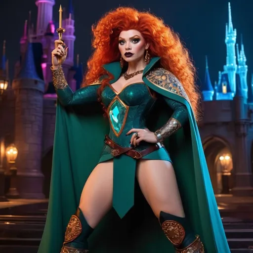 Prompt: Gorgeous muscular cyberpunk drag queen (Disney's) Merida, great legs, crystal high heels,  dark lipstick.