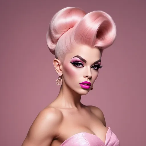 Prompt: Photorealistic, 8k, full length, attractive spoiled bratty drag queen, she has strong masculine facial features, plump pouty oversized lips, duck lips, Chiseled strong masculine jawline, masculine brow, muscular physique, huge platinum pink bouffant hairstyle with beehive bun and long extensions, wearing a cute 1950s style dress and 8 inch stiletto high heels, extremely heavy chav makeup style, she is walking,