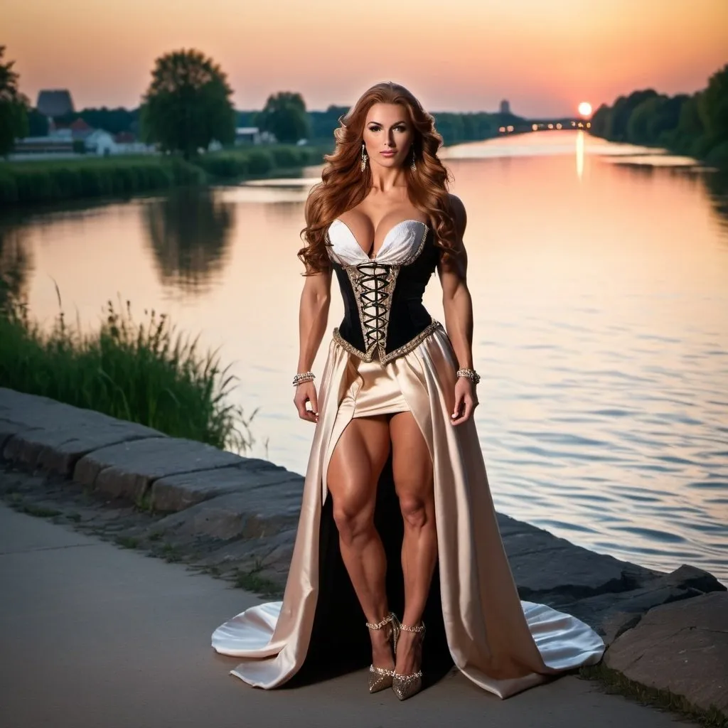 Prompt: Gorgeous ultra-muscular 25-year-old Polish goddess bodybuilder with huge busom and ridiculously long wavy auburn hair wearing 17th century dress, glamour makeup, and 8 inch stiletto high heel shoes standing by the river at dusk.