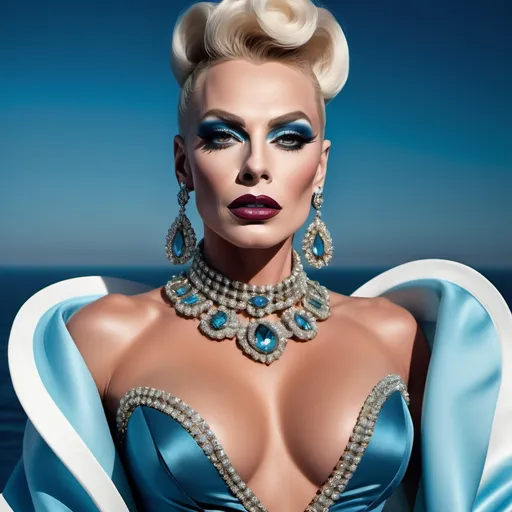 Prompt: A mesmerizing portrait graces the cover of an elite fashion magazine, capturing the essence of high-end sophistication. Set against a ocean-blue backdrop, the gorgeous, muscular, Hungarian drag queen (slight masculine jawline and brow features), model exudes confidence and allure, Large busom, adorned in exquisite fashion garments that epitomize elegance and class. This breathtaking image transcends traditional notions of style, embodying an innovative vision of haute couture that pushes the boundaries of modern aesthetics.