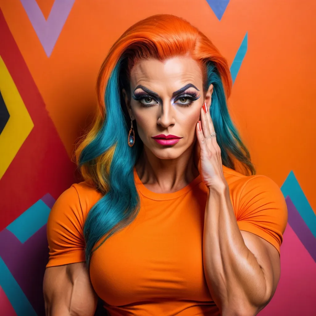 Prompt: a gorgeous muscular 35-year-old Romanian drag queen bodybuilder in an orange shirt posing for a picture with her legs crossed and her hand on her head, Anna Katharina Block, kitsch movement, colourful, a pop art painting