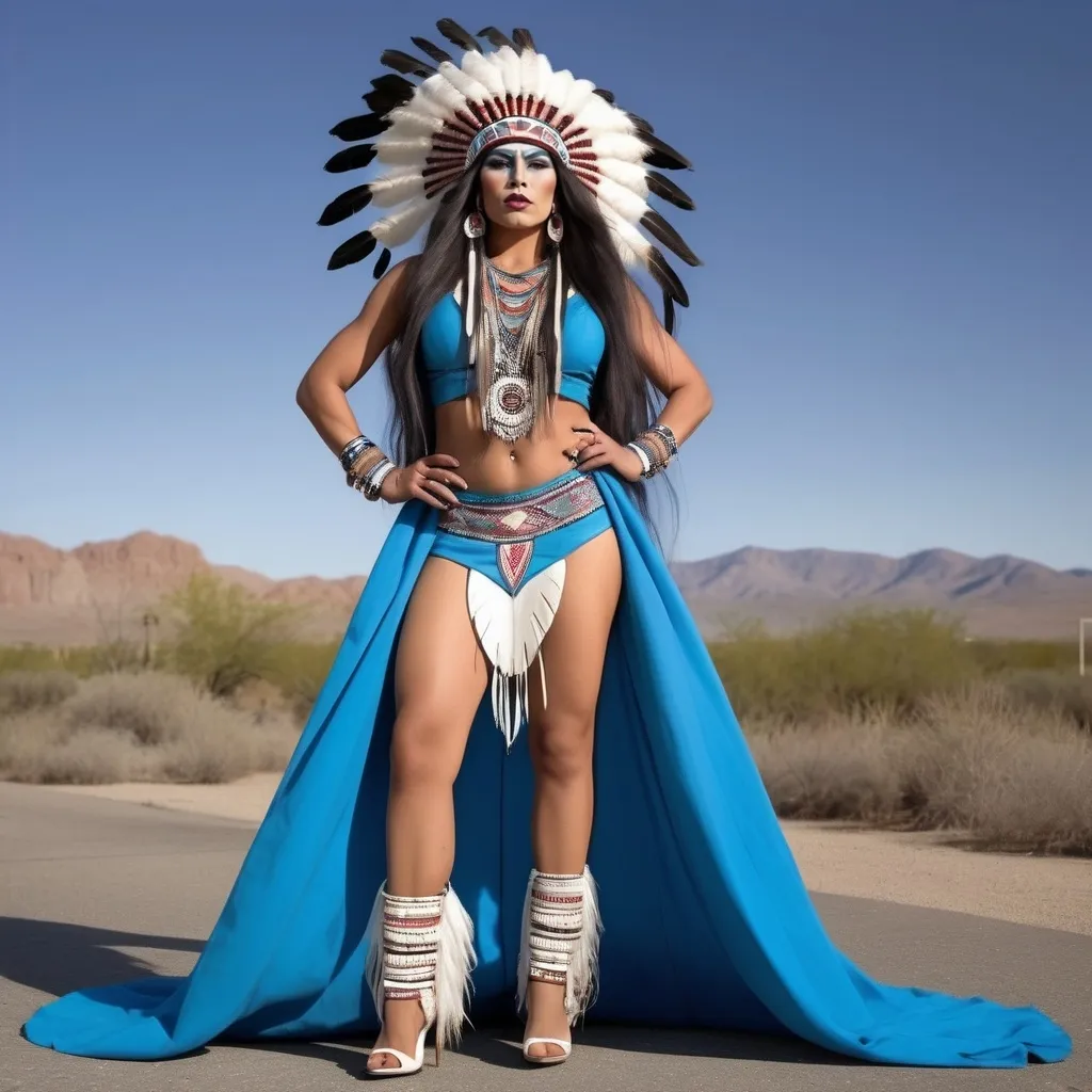 Prompt: photorealistic, full body portrait of a Gorgeous muscular 25-year-old Native American drag queen with huge busom and very long flowing hair, in traditional dress and 8 inch stiletto high heel shoes, posing outdoors.