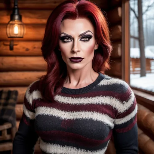 Prompt: Extremely beautiful, muscular 35-year-old Russian drag queen, detailed very short stylish dark red hair, flawless skin, dark eye makeup, dark lipstick, detailed eyes, natural beauty, very strong masculine jawline, form-fitting seasonal sweater, cozy modern log cabin interior background, winter season, realistic professional photography, high quality, detailed, realistic, cozy, ginger, long hair, flawless skin, candid moment, modern log cabin, seasonal sweater, detailed eyes, natural beauty, professional photography, winter season, cozy lighting