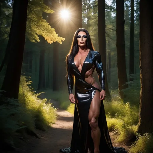 Prompt: Darkness falls on the meadow, a gorgeous ultra-muscular 25-year-old Austrian drag queen bodybuilder,  well endowed, dark straight shiny hair, in flowing robes of sunshine, light a path through the darkness and in the eerie forest.