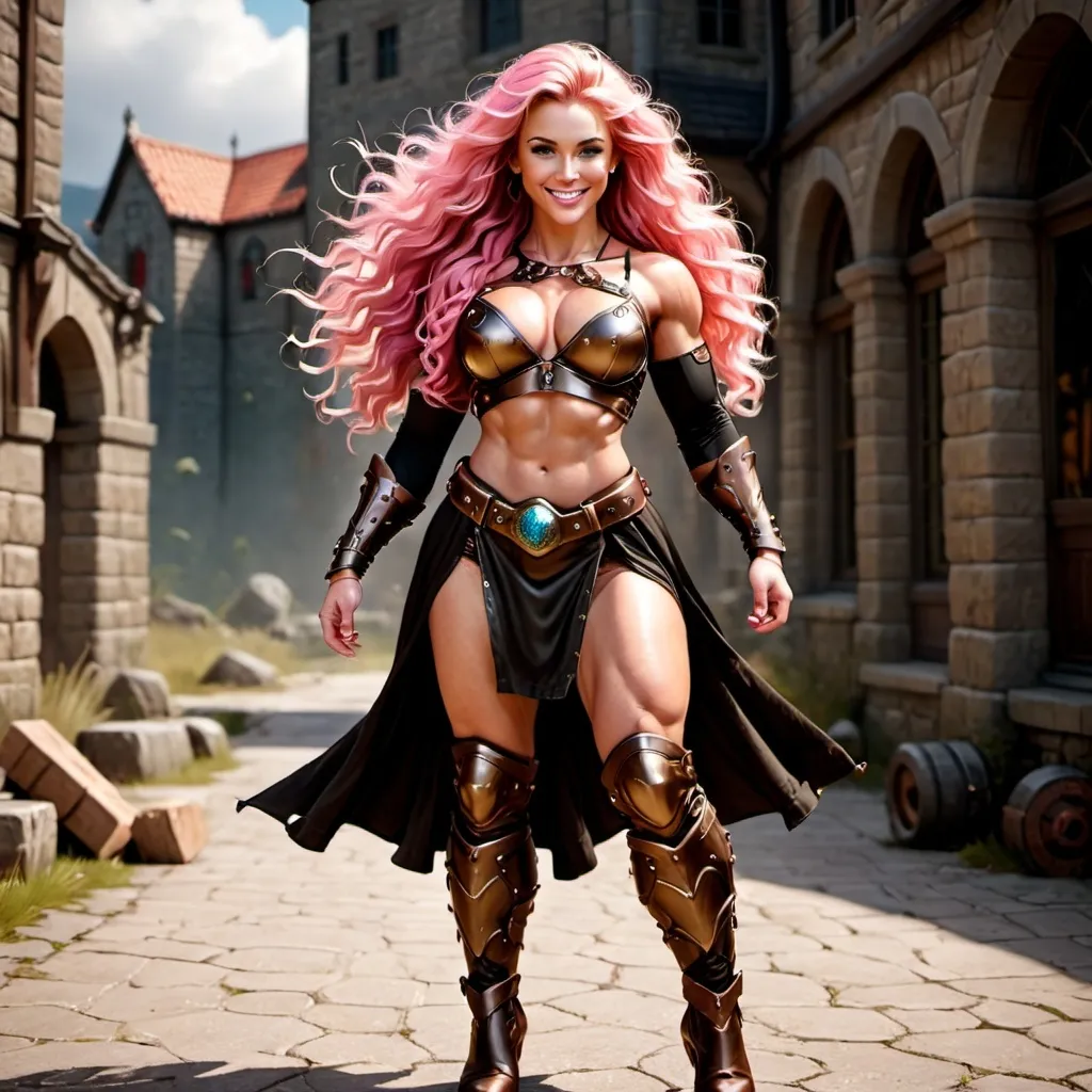 Prompt: Digital Art, gorgeous ultra-muscular 25-year-old viking goddess bodybuilder with huge busom and ridiculously long wavy pink hair, golden gear, bronze clothes, subtle smile, blue eyes, a black long-sleeve shirt, textured skirt down to knees, bronze pants, golden armor, 8 inch stiletto high heel boots, golden gear, unreal engine 64k octane, hdr, 3d lighting, full body, full armor