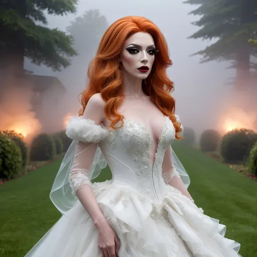 Prompt: full body shot, splash art, hyper detailed, ultra realistic, highly detailed, surreal heavy mist, AI defined exquisitely beautiful, totally ultra realistic muscular 25-year-old French drag queen with luscious orange hair, masculine jawline and brow, ultra glamorous bride, dark eyeshadow, Dark red lipstick, walking in a swirling fog, beautiful wedding dress, on the grass, 

perfect shading, impeccable contrast, HDR, UHD, high res, 64k, cinematic lighting, special effects, hd octaneArtgerm, WLOP, dynamic studio quality lighting hyper-detailed, intricately detailed, Splash art, trending on Artstation, triadic colors, Unreal Engine 5 volumetric lighting, unreal engine, octane render.