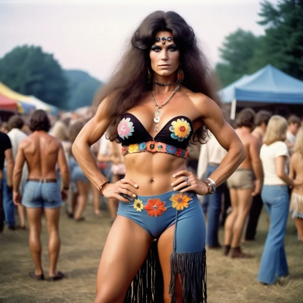 Prompt: Photorealistic retro 1968 news editorial photograph, Woodstock festival, award winning photography, journalism
Photo, peace and love, summer of love, psychedelic experience, dusk, full-body focus, gorgeous ultra-muscular Finnish hippie drag queen bodybuilder with gigantic busom and black long frizzy hair, boho woman with tube top and amazing style, bold color palette. Composition focus on full-body. Full-body muscular physique.