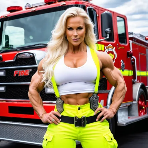 Prompt: Gorgeous ultra-muscular 25-year-old Swedish goddess bodybuilder with huge busom and ridiculously long platinum blonde flowing hair wearing a firefighter uniform, white tank top & suspenders, neon yellow firefighter pants.