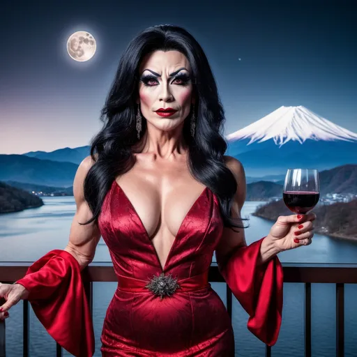 Prompt: Gorgeous muscular 45-year-old Greman drag queen (with strong masculine jawline) in a red gown, black hair, drinking blood wine at the balcony. She smirks in content and pleasure. Gothic style. Full moon. Lake Ashi with clear mount Fuji in the background. Winter time.