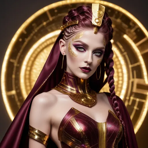 Prompt: A futuristic take on an Ancient Roman drag queen beauty with fair skin, refined features, and a noble, commanding expression. She wears a modern asymmetrical dress in metallic burgundy with gold circuitry patterns, complemented by a glowing holographic cape. Her hair is styled in intricate braids with shimmering fiber optic strands woven through, adorned with a golden diadem emitting a soft light. She stands in a high-tech amphitheater surrounded by holographic statues, robotic sculptures, and glowing fountains powered by advanced energy systems.