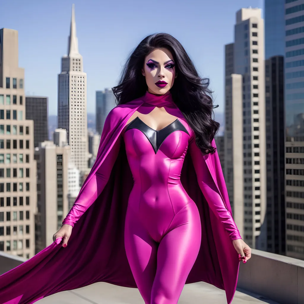 Prompt: Gorgeous muscular 25-year-old Superhero called SuperDrag Queen wearing pink tights, magenta cape and pink stiletto high heel boots, she has long very wavy black hair, dark eyeshadow and dark lipstick. She's hovering over San Fransisco, strong pose. 