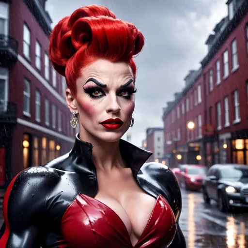 Prompt: Venom dressed as A hyper realistic flawless 25-year-old gorgeous Northern European drag queen bodybuilder with red updo hair walking the streets as a 50s housewife on a dark and rainy night. Heavy eye makeup. Dark red lipstick.