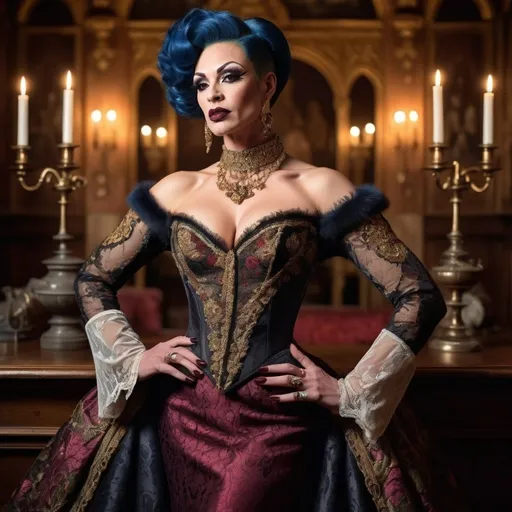 Prompt: Gorgeous muscular 35-year-old British drag queen, dark lipstick, heavy mascara, vibrant Tudor-era attire, intricate lace details, embroidered patterns, serene expression, elegant pose, rich background of a historic castle, warm gold and deep auburn tones, soft diffused lighting, classical artwork style, ultra-detailed, regal atmosphere, capturing the essence of 16th-century nobility, majestic ambiance.