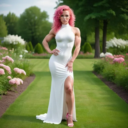 Prompt: a gorgeous 28-year-old Finnish goddess bodybuilder in  a  long white Empire Dress with a high neck line and 8 inch high heel shoes, standing on the green grass, a beautiful expressive face, curly pink hair,  full-length, in an amazingly beautiful garden,  exactly beautiful photo  , highly photo, full-length photo, 64k hi-res digital realistic photography.