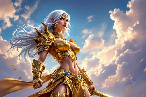 Prompt: (A gorgeous muscular 35-year-old French goddess bodybuilder with silver hair in a golden outfit holding a sword), (dramatic sky background), epic fantasy character, dynamic pose, vibrant colors, intricately detailed armor, highlights reflecting gold, ethereal mood, captivating expression, fantasy elements, masterpiece digital rendering, rich textures, high quality, (Anne Stokes style).