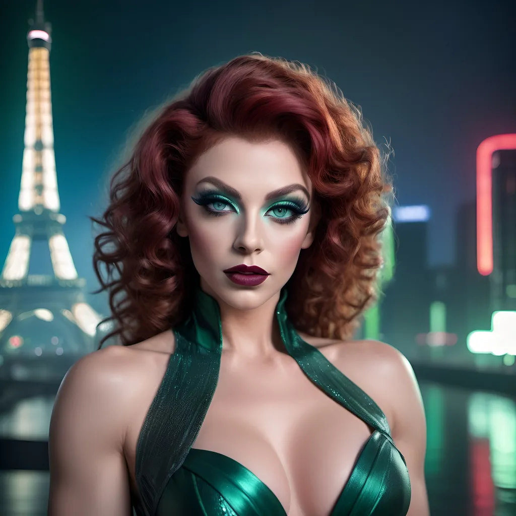 Prompt: (realistic image of futuristic French drag queen age-25), (muscular, pretty, curvy, muscular), light skin, (curly dark red hair), blue eyes, (dressed in dark green dress), dark eye makeup, dark lipstick, posed flirty, futuristic city background, misty morning, (rich textures), (soft lighting), (ultra-detailed), 4k quality, opulent decor.