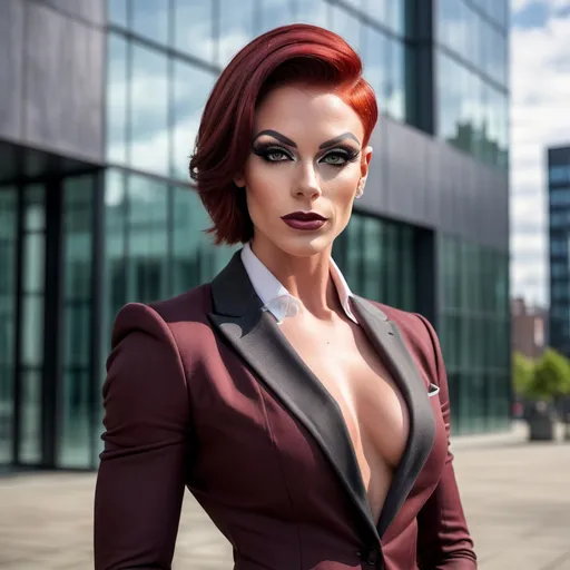 Prompt: Gorgeous, sophisticated, muscular, 25-year-old British drag queen bodybuilder with short sassy stylish dark red hair dressed in a (tailored suit), standing confidently in front of a modern building, (urban environment), visionary atmosphere, (photorealistic), sharp focus, bright daylight illuminating the scene, emphasizing the structure and sign, inviting ambiance, high quality image, (4K), capturing a dynamic blend of professionalism and ambition.