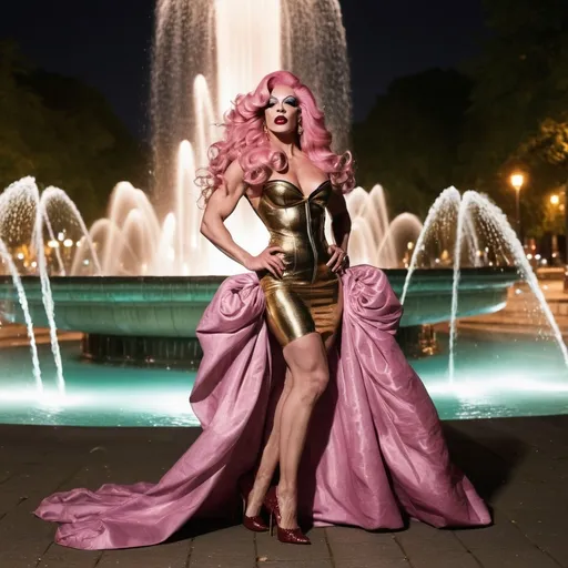 Prompt: Gorgeous, tall, ultra-muscular, 25-year-old, sophisticated, French drag queen bodybuilder with large busom, very long wavy pink hair (((blowing in the wind))), dark eye shadow and dark red lipstick,  wearing a extravagant golden Prada dress and 8 inch high heel shoes, posing by the fountain in the park at night.