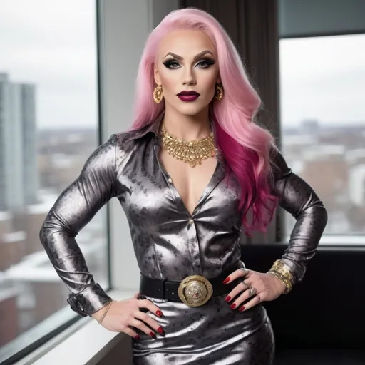 Prompt: Stunningly beautiful Finnish drag queen bodybuilder, age 27, vibrant gray eyes, long pink hair, arched eyebrows, prominent cheekbones, dark eye shadow, dark red lipstick, gold & diamond jewelry, warm smile, flawless face, silver & black harlequin pattern blouse, black belt, black skirt, black high heel boots, standing in a lounge, floor to ceiling windows, active background, dynamic pose, luxury setting, pro lighting, sharp focus, high-res, pro photo