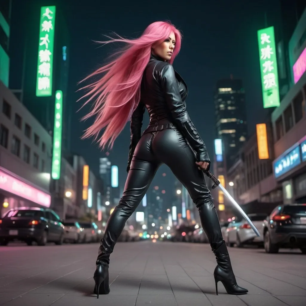 Prompt: hyperrealistic ((full body length)) image of a Gorgeous 35-year-old ninja goddess, ridiculously long pink straight shiny hair (((blowing in the wind))), green eyes, wearing a tight form-fitting black catsuit and 8 inch high heel boots, ready to engage posture in an illuminated city center at midnight, armed with a katana, wearing a tactical utility belt. Science fiction cyberpunk scenario. highres, 8k, masterpiece, detailed face, detailed hair, detailed eyes, detailed body, perfect anatomy. Composition focus on full-body and legs. 