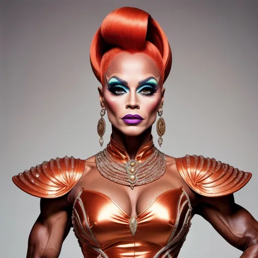 Prompt: The most beautiful drag queen bodybuilder on Mars wearing the traditional Martian dress.