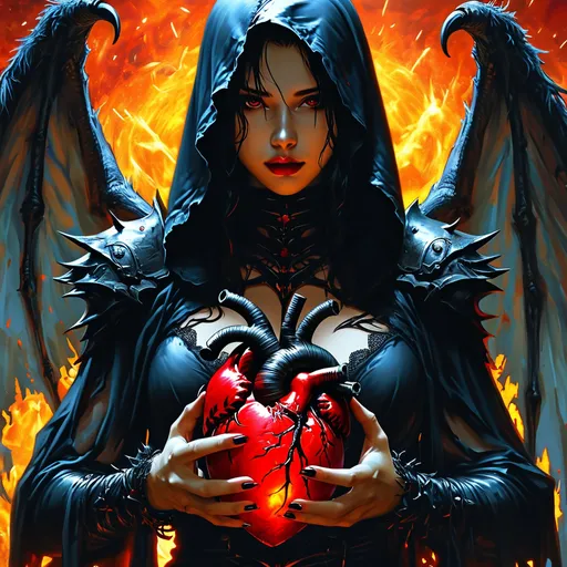 Prompt: From the depths of hell rises a female figure in black with a bloody human heart in her hand. 