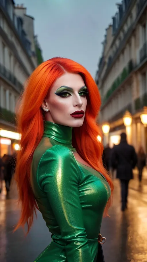 Prompt: Mysterious, Tall, gorgeous, muscular, 25-year-old French drag queen with long bright orange stylish hair, dark eyeshadow,  and dark red lipstick, wearing a beautiful green outfit and 8 inch stiletto red thigh-high stiletto high heel boots, walking the streets of Paris on a foggy evening.