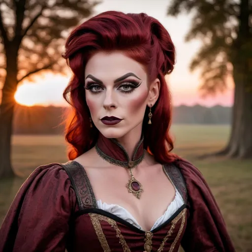 Prompt: Gorgeous muscular 25-year-old British drag queen Pilgrim with dark red hair, very strong masculine jawline and brow,  dark eyeshadow and dark red,  posing in 17th century America at sunrise.