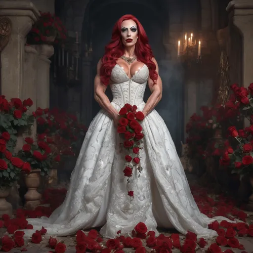 Prompt: A HD 4k 3D 8k professional full-body modeling photo of a gorgeous muscular 35-year-old Hungarian drag queen bodybuilder (long dark red hair, dark lipstick, dark eye makeup,  and big busom) dressed in a medieval wedding dress and a long bouquet of roses in hands falling down to her feet, magical realism, very very beautiful, very detailed oil painting



