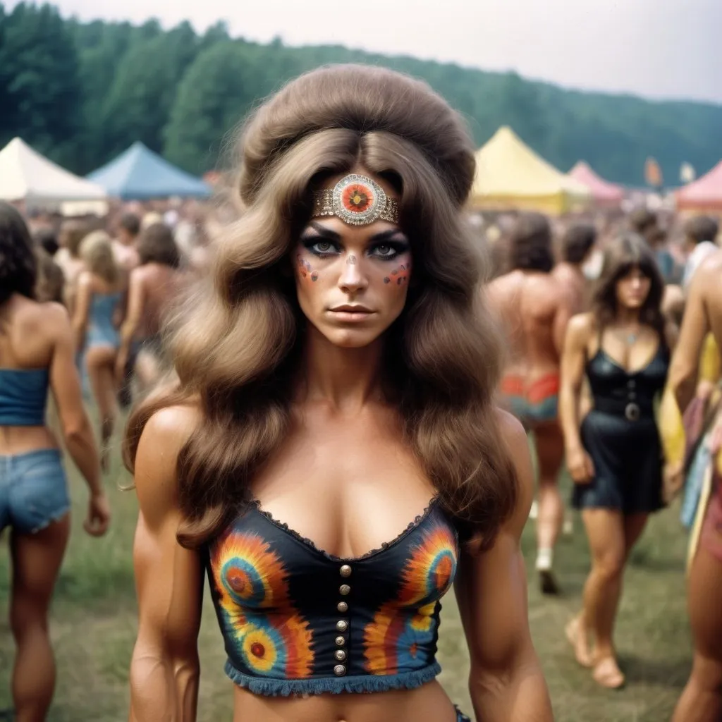 Prompt: Photorealistic retro 1968 news editorial photograph, Woodstock festival, award winning photography, journalism
Photo, peace and love, summer of love, psychedelic experience, dusk, full-body focus, gorgeous ultra-muscular Finnish hippie drag queen bodybuilder with gigantic busom and black long frizzy hair, boho woman with tube top and amazing style, bold color palette. Composition focus on full-body. Full-body muscular physique.