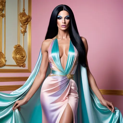 Prompt: Gorgeous muscular 25-year-old French drag queen with long silky black hair, wearing a stunning (Versace silk  pastel dress), gracefully draped around her figure, exuding elegance and glamour. Impeccable styling, luxurious sheen, and vibrant colors of the dress contrasting with her exquisite beauty. The background features a luxurious fashion runway, radiating an atmosphere of high class and sophistication. Kite with (ultra-detailed) and (4K) quality, the composition highlights the essence of modern fashion.