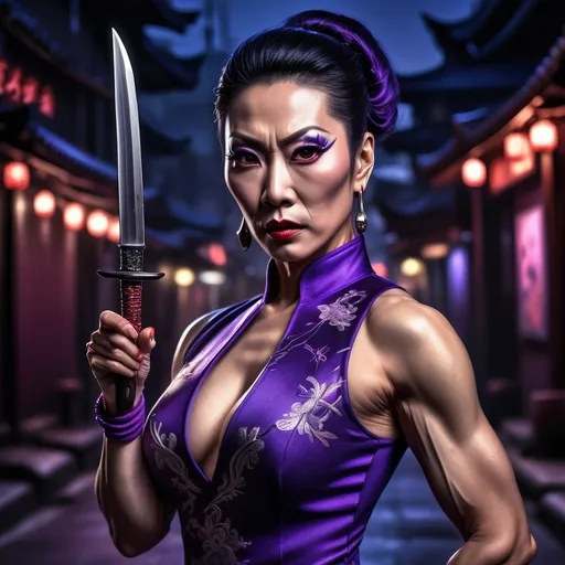 Prompt: A mature, gorgeous muscular Chinese drag queen assassin wearing a dark purple, form-fitting, low-cut qipao holds a mini dagger in her hand. On a dimly lit street late at night, her piercing eyes shine brightly as if searching for her prey. She put on a martial arts pose(ultra detailed). fine detailed drawing, professional photo, HDR, UltraHD, a lot of details, pixel study, 3D, detail, photorealism, majestic, stunning, elegant, brillant, sumptuous, magnificent, effulgent, refulgent, fantasy, epic, long hair, mystic, full body view, classical and warm lighting style and cinematic art 
