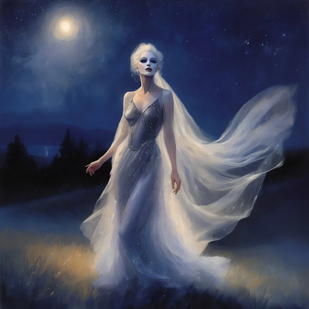 Prompt: (beautiful white Swedish drag queen) walking gracefully under a starlit sky, (melancholic mood), deep indigo and shimmering silver tones, soft ethereal glow, a delicate veil of night softly surrounding her, gentle whispers of a cool breeze, capturing a moment of quiet elegance, (highly detailed), enchanting landscape in the background, timeless and romantic atmosphere.