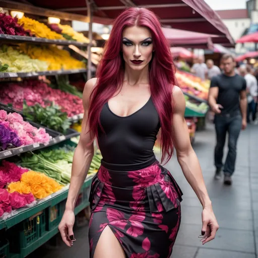 Prompt: Gorgeous ultra-muscular 25-year-old Finnish transwoman with long flowing fuscia hair, athletic physique, pleated floral skirt, walking in market, full body, 8 inch stiletto high heel sandals. Flirty smirk. Heavy mascara, dark smokey eyeshadow,  and dark red lipstick.