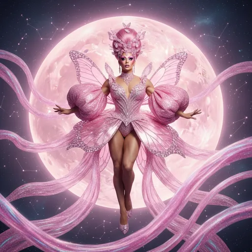 Prompt: Digital art photograph full body full body flying at the moon pink glitter and beautiful pretty art 4k full HD pink glitter butterfly diamond marshmallow muscular 35-year-old french drag queen,