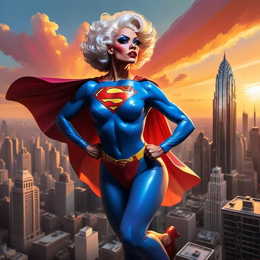 Prompt: (A heroic drag queen in a superman costume), soaring gracefully above a bustling cityscape, skyline shimmering under the setting sun, (dynamic pose), nerves of steel, vigilant gaze scanning for danger below, vibrant colors, with a backdrop of towering skyscrapers and a colorful sunset, (ultra-detailed), evoking a sense of adventure and superheroic bravery.