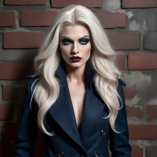 Prompt: Dramatic editorial fashion photograph in an industrial loft space, gorgeous muscular 25-year-old Czechian drag queen model (strong masculine jawline and brow features) with long luscious platinum blonde hair, dark eyeshadow, bearing  dark red lipstick, wearing a tailored Prussian blue wool coat with technical details, standing against a weathered brick wall painted battleship grey. Floor-to-ceiling windows, streaming natural light, contemporary furniture pieces in slate grey and black. Cinematic color grading, high fashion photography style, medium format camera aesthetic, inspired by Steven Meisel's work. 8K quality, photorealistic detail."