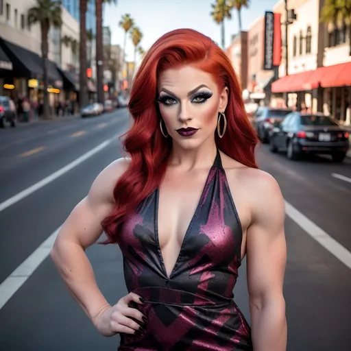 Prompt:  Gorgeous muscular 25-year-old Finnish drag queen with cute sassy bright red hair, dark eyeshadow,  dark lipstick,  wearing A trendy short printed halter dress popular in the United States, designed for women aged 25-35. Posing on Hollywood Boulevard. 