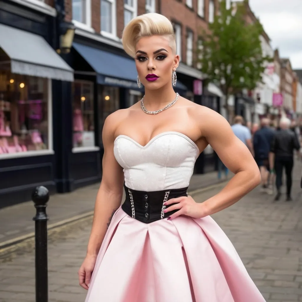 Prompt: A gorgeous muscular 19-year-old Danish drag queen bodybuilder (strong masculine jawline and brow facial features) with big busom, dark eyeshadow, dark lipstick, 
and short blonde hair walking down the high street, pink and whit detailed pleated skirt corset and 8 inch stiletto heels, realistic, natural lighting